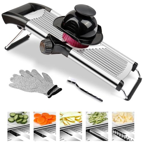 Gemüsehobel, Mandoline Gemüsehobel,Ggemüsehobel Verstellbar, mit Handschuhen，Reinigungsbürste, Verstellbar Gemüseschneider Profi für Slice & Julienne von, Kartoffeln,Tomaten,Zwiebeln