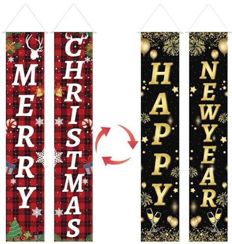 2St Wendbar Weihnachtsbanner, Doppelseitig Weihnachtsbanner Haustür Frohe Weihnachten Banner Frohes Neues Jahr Verandabanner für Drinnen Draußen Zuhause Veranda Wand Hof Dekorationen