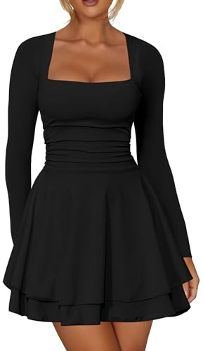 Kaximil Women's Square Neck Ruffle Hem Mini Dress Ruched Waist Long Sleeve Corset Short Party Dresses, X-Large, Black