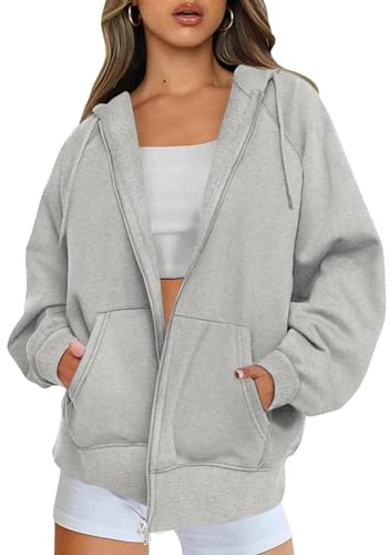 Timuspo Sweat à capuche zippé à manches longues pour femme - Veste surdimensionnée - Fermeture éclair - Polaire - Couleur unie - Veste d'automne - Y2k