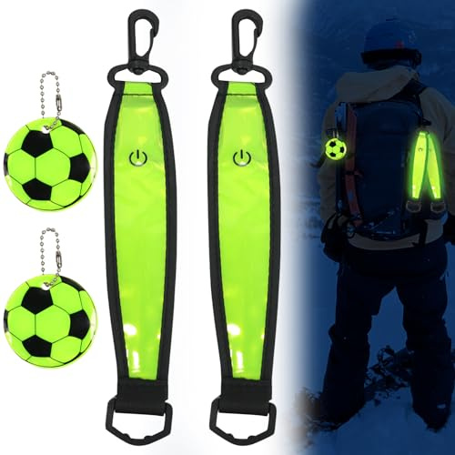 2 Stück LED Blinklicht Schulranzen, Reflektorband, LED Blinklicht Reflektierende, Reflektoren mit 2 Leuchtende Fußball Anhänger, Wasserdichte Sicherheit Reflektor für Radfahren Wandern Joggen Wandern