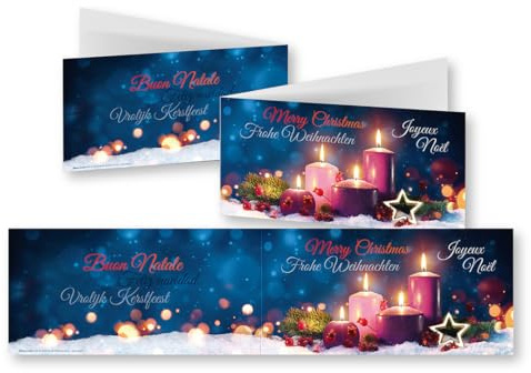 Edition Colibri 10 nostalgische Weihnachtskarten im Set mit Umschlag: DIN Lang (42 x 10,5 cm), 10 Stück, Weihnachtskerze, lila Kerzen, mehrsprachig (11164)