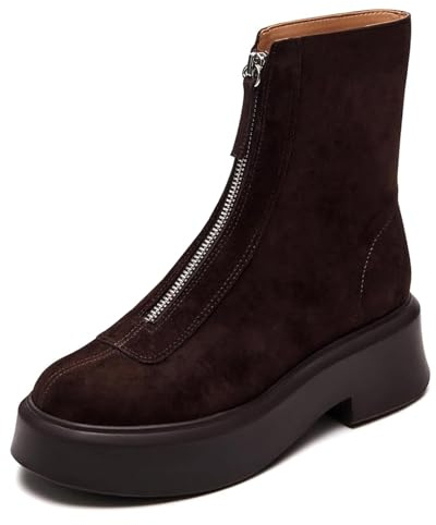 ZJGZF Women's Platform Ankle Boots Suede Leather Brown Boot Chelsea Booties Block Heel Round Toe Short Combat Boots Comfortable Zipper Winter Snow Boot Casual
