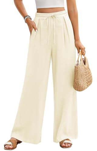 Niwicee Pantalon Femme Pantalon Lin Femme Été Décontractés avec Cordon Pantalons Palazzo Coupe Droite Ample Elastique Taille Haute Pantalons Solide Casual Elegant Larges Pants (Beige, L)