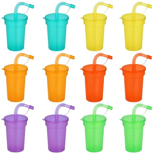LEKEFETO Lot de 12 gobelets de fête pour enfants : gobelets de 380 ml avec couvercle et paille, 6 couleurs gobelets à paille réutilisables, pour café glacé, boissons froides, jus de smoothie