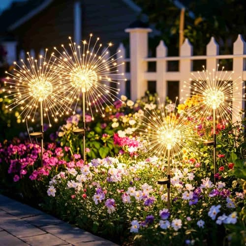 Solar Firework Lights Outdoor 4Packs Starburst Garden Lighting 150LEDs Dandelion Garden Stake Lights 8 Modes IP65 Waterproof Decorative Solar Lighting for Yard Patio Wedding Lawn Party (Warm Light)