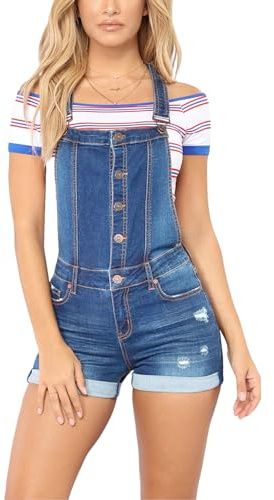 Sukany Women's Casual Distressed Denim Jeans Shorts Overalls Adjustable Straps Button Baggy Bib Dungarees Shortalls Rompers Pant Light Blue L