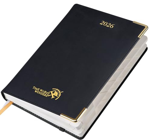 POPRUN Kalender 2026 Tagesplaner Hardcover 21,5 x 14,5 cm (Jan.2026-Dez.2026), Tageskalender 1 Tag 1 Seite (Montag - Sonntag) mit PU-Leder, Monatliche Registerkarten - Schwarz