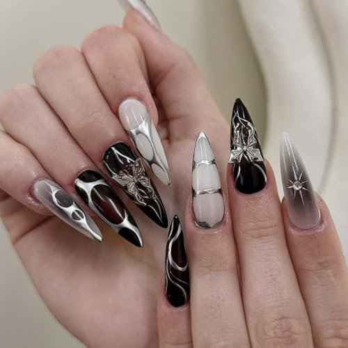 MouyouGlow Press on Nails Lang,Stiletto Halloween Schwarz Airbrushing 3D Chrome Schmetterling Sterne Silber Aura Striped Y2K Gothic Fake Nails mit Nagelkleber,Black Künstliche Fingernägel