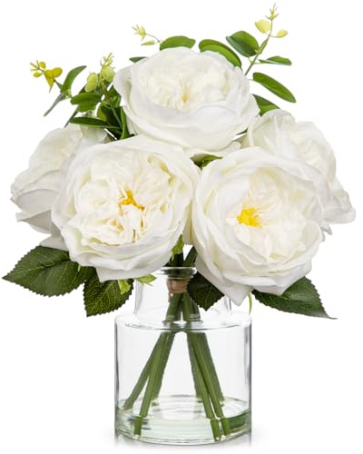 Oairse Artificial White Rose Flowers in Glass Vase with Faux Water Faux Flower Arrangement for Table Centrepiece Realistic Silk Rose in Clear Glass Pot for Home Office Kitchen Bathroom Wedding Decor