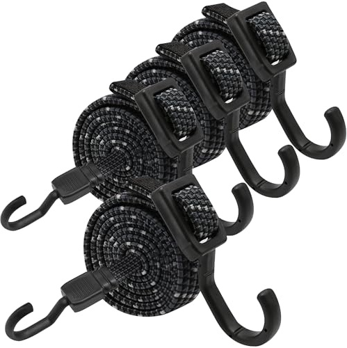 Verstellbar Spanngummi mit Haken, Reflektierend Expander mit Metallhaken 4er Set, 100cm Flach Gepäckspanner Schwarz Gummiseil, Extra Stark Gummispanner Gummibänder für Sonnensegel, Garten, Tarps