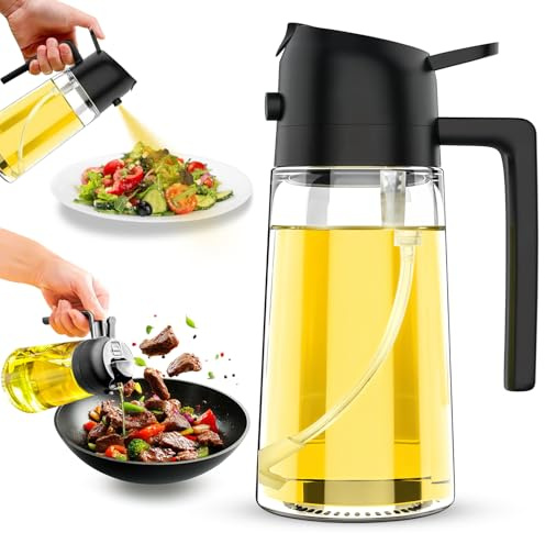 Oil Sprayer and Dispenser 2-in-1, 16oz/470ml Glass Bottle with Flip Cap, Oil Mister for Cooking, Air Fryer, Grilling, Salad, Frying, BBQ, Black
