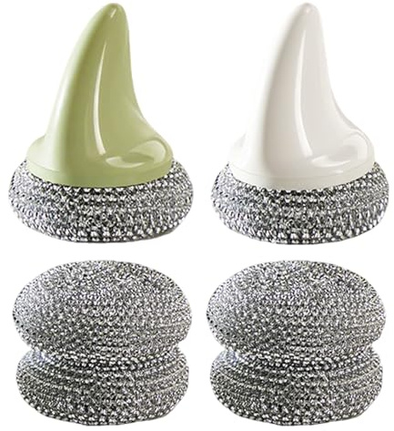 2Pcs Stahlschwamm Topfreiniger mit Bequem Hai Griff, 4 Ersatz Topfreiniger Edelstahl Drahtwaschl, Stahlwolle, Metallschwamm Spülschwamm für Töpfe, Pfannen, Grills, Spüle (A)