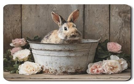 Rustic Rabbit Dish Drying Mats For Kitchen Counter, Vintage Floral Absorbent Rubber Mat, Spring PU Leather Drying Pad For Coffee Bar Protector 12x20 Inch