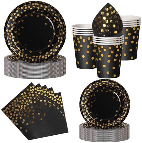 Nkaiso Set de Vaisselle Jetable 50 Pièces Noir Or, Service Tout-Inclus pour 10 Personnes - 10 Assiettes Plates, 10 Assiettes Dessert, 10 Gobelets, 20 Serviettes - Pour Anniversaire, Mariage, Fête