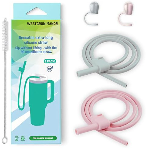 Extra Long 90cm Stanley Straw, Soft, Flexible and Adjustable. Food-Grade Silicone, Reusable with Cover Stanley Cup Accessories for 40 & 30 oz Tumblers, Ideal for Bedridden, Driving (Pink & Grey)