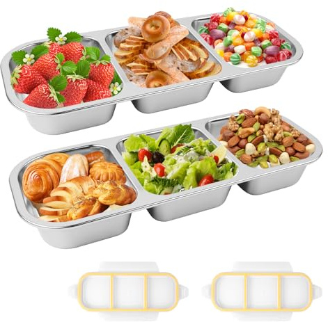 PPAAstunoras Snackbox mit 3 Fächern 2 Stück Bento Box Edelstahl Snack Boxen mit Deckel Brotdose Kinder Snackteller aus Edelstahl Unterteilte Snackdose für SüßIgkeiten Gewürze Obst Nüsse Keksen Gemüse