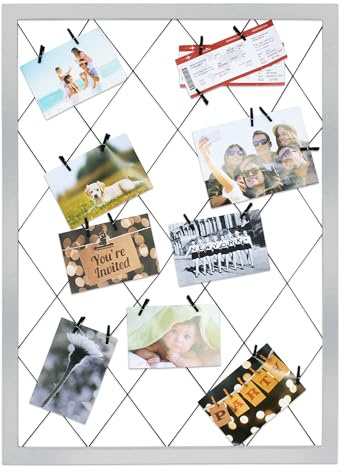 Spetebo Träbildram vit med gummilinne – 75 cm x 55 cm – fotokollageram med 20 träklämmor – rutnät fotohållare bildgalleri fotobräda fotokoppel