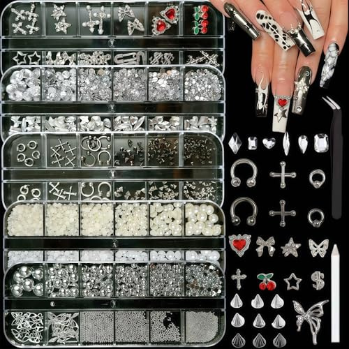 Cosblisvia Silver Nail Charms Set, 5 Boxen 3D Charm für Nagel Zubehör, Y2K Strasssteine Kit für Anfänger, Profis im Salon, DIY Maniküre Party Design (Silber)