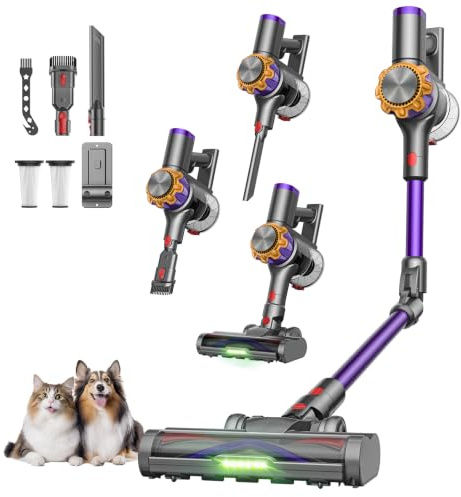 DyMona V18Pro Aspiradora sin Cable con Brazo Flexible 50kPa/450W | 1.4KG Ultraligera 60dB Silenciosa, Cepillo Antienredos 0 mm, 7 en 1 Aspirador Escoba Potente para Pelo de Mascotas, Alfombras