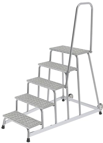 MUNK | Scaletta per lavori di montaggio | con rotelle | 2 rotelle a supporto fisso | corrimano su un lato | 5 gradini | largh x prof 840 x 1390 mm