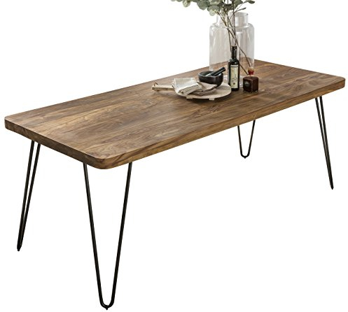 FineBuy Massiver Esstisch Harlem Sheesham Massiv Holz, Esszimmertisch Massivholz mit Design Metall Beinen, Holztisch Tisch Esszimmer, Küchentisch Braun