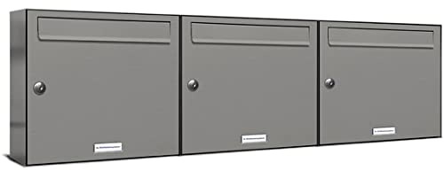 AL Briefkastensysteme 3er Briefkastenanlage Aluminiumgrau RAL 9007, Premium Briefkasten DIN A4, 3 Fach Postkasten modern Aufputz