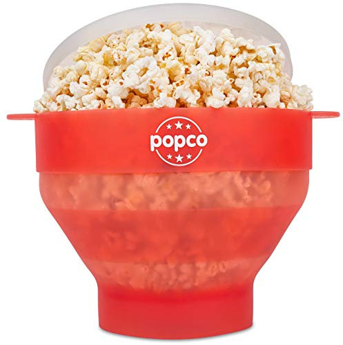 Popco - Máquina de palomitas de silicona para microondas con asas, cuenco plegable sin BPA y apto para lavavajillas - 10 colores disponibles (rojo transparente)