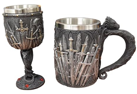 Ebros Set of 2 Medieval Valyrian Steel Blade Swords Wine Goblet Chalice With Entwined Dragons Stem And Iron Throne Dragon Tankard Mug Fantasy GOT Themed Accessory Party Prop Decors