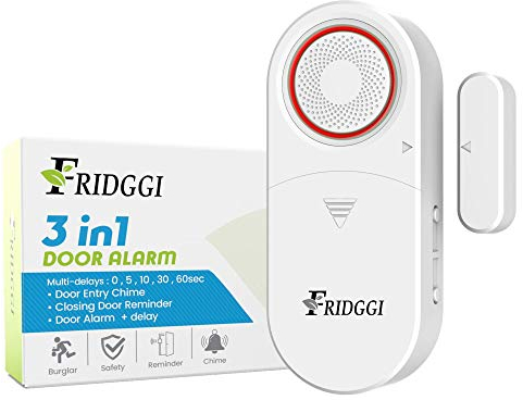 FRIDGGI 3in1 – Door Alarm with Delay 0/5/10/30/60 Seconds, 2/5 Minutes, for Home/Pool/Shop, Close Door Reminder, 80 to 120 dB, Time Delay Door Chime When Left Open, Prevent Doors Ajar (White)
