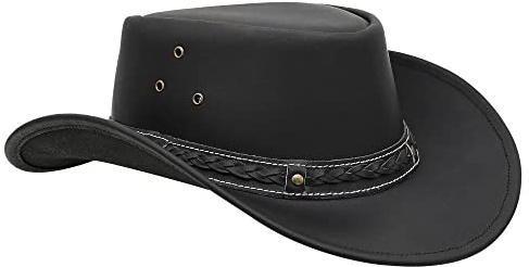 Sidewinder Cowhide Cowboy Hat, Leather Western Hat, Män och kvinnor, Western Aussie Vintage Outback Bush Gammal Style Hat, Brown, Svart, One Size