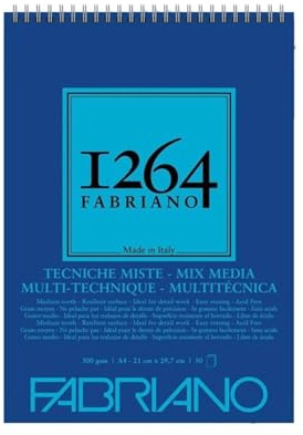 Honsell 19100643 - Fabriano Mix Media Spiralblock 1264, 300 g/qm, DIN A4, 30 Blatt naturweißes, mittelkörniges Papier, säurefrei, für alle vielfältige Techniken geeignet