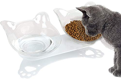 ZONSUSE Upphöjd kattskål, kattmatningsskål, 15° lutad halkfri transparent och svart kattmatvattenskål, skyddar husdjurens halskotor, avtagbar husdjursskål för katter och små hundar (vit)