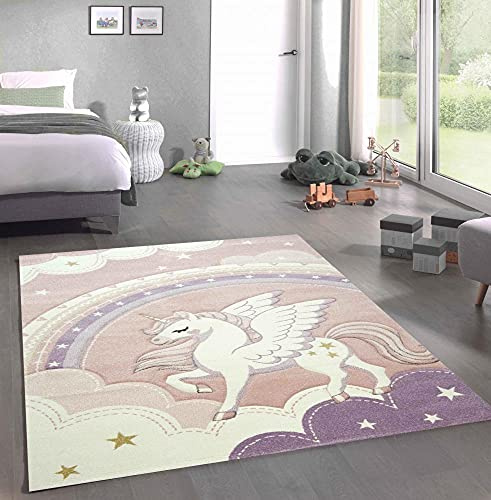 CARPETIA Teppich Kinderzimmer Himmel Wolken Regenbogen Einhorn rosa Creme Größe 80x150 cm