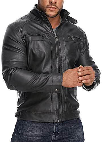 HOOD CREW Men’s Stand Collar Leather Jacket Casual Faux Leather Motorcycle Jacket Outerwear Coat with Zipper Pockets Black L