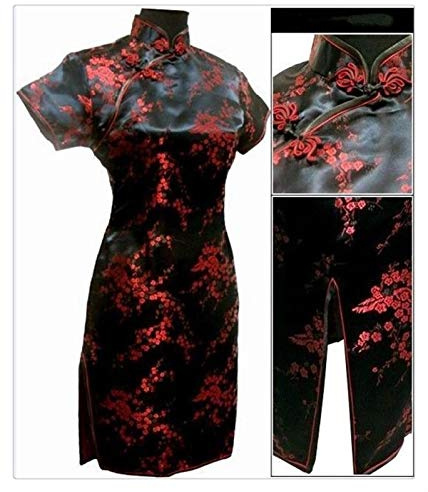 HXSZWJJ Satin Qipao de Robe Traditionnelle Chinoise Femmes Mini Cheongsam Fleur Qipao (Color : Black Red, Size : L.)