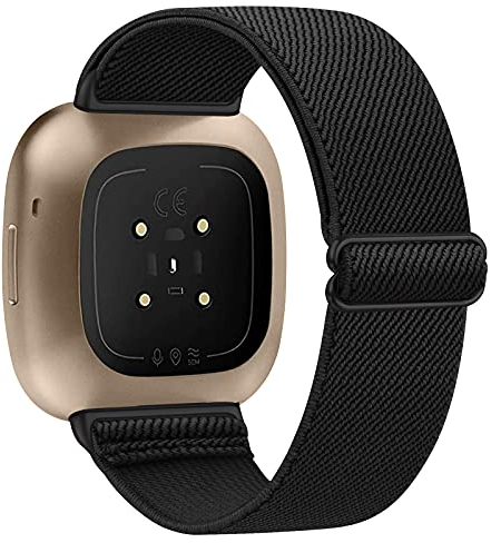 Vancle Elastische Armband Kompatibel für Fitbit Versa 3 Armband/Fitbit Sense Armband, Verstellbares Nylon Dehnbar Ersatzarmband für Fitbit Versa 3/Fitbit Sense (Schwarz)