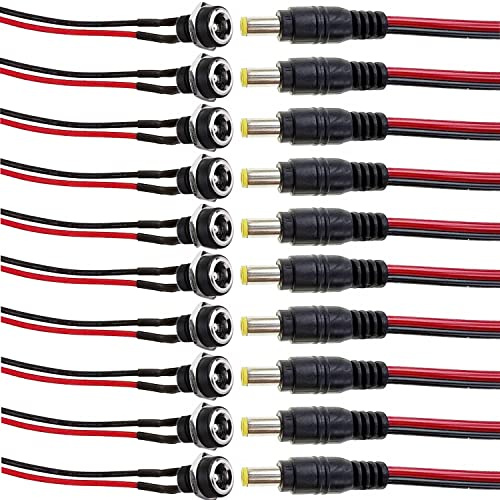 RUNCCI-YUN 5,5 mm x 2,1 mm DC Einbaubuchse, 12V Stecker Buchse DC Verbinder, DC-Hohlstecker, 10 Stück 5,5 mm x 2,1 mm DC Power Jack Socket mit Kabel, für Audio/Video/Handy/Überwachungskameras