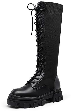 DREAM PAIRS Kniehohe Damenstiefel Stiefel Damen rutschfeste Laufsohle Stylisch und Praktisch Winterstiefel Klassische Schnürstiefel für Damen mit Plateausohle,Size 39,Schwarz/Knitting,SDKB221W