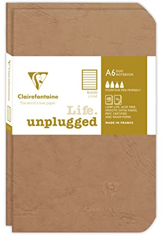 Clairefontaine 734176C - Age Bag DUO Set aus 2 Notizheften 9x14cm , geheftet, 48 Blatt 90g, liniert Braun, 1 Set