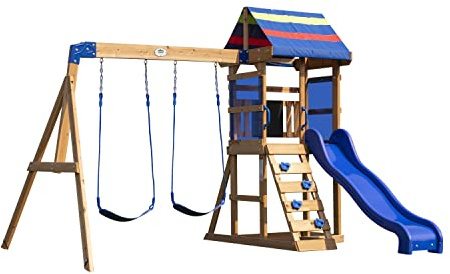 Backyard Discovery Bay Pointe 100% Cedar Wood Swing Set | Outdoor Playground for Kids | Garden Climbing Frame for Children | 2 Belt Swings | 1.8m Wave Slide | Built-In Chalkboard | For 3-6 Year Olds