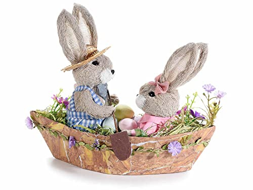 Gruppo Maruccia - Centrotavola Pasquale a Forma di Barca con Coniglietti - Decorazione Artigianale in Fibra Naturale - Addobbi per la Pasqua - Idea Regalo