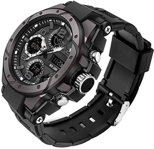 kieyeeno Orologio Sportivo Uomo, Analogico Quarzo e Digitale LED Sportivo Orologio per Uomini Ragazzi, 50M Impermeabile con Sveglia Cronometro All' Aria Aperta Orologio Nero