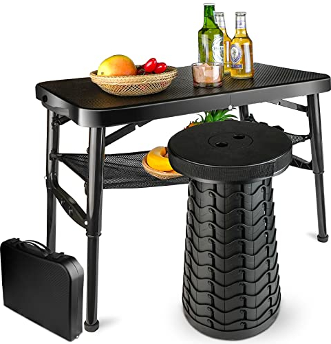 maliven Portable Folding Table and Stool Set, Lightweight Foldable Table & Collapsible Stool for Camping Picnic Beach Fishing, Sturdy Small Outdoor Table with Mesh Layer Storage
