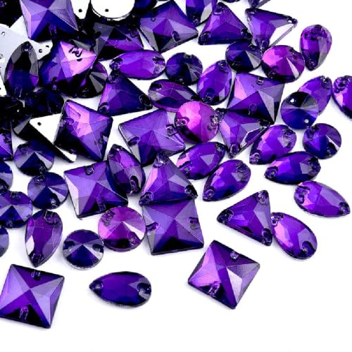 Brillabenny 36 Pietre Piatte da Cucire, Cristalli Strass Forme Mix Doppio Foro per Decorazioni Abito Pattinaggio bigiotteria Decorativa passamaneria (Viola)