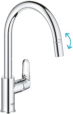 GROHE Start Flow QuickFix – Rubinetto miscelatore per lavello da cucina a 1 leva con funzione estraibile (beccuccio alto C, area girevole a 360°, cartuccia in ceramica da 28 mm, code da 1/2, alta