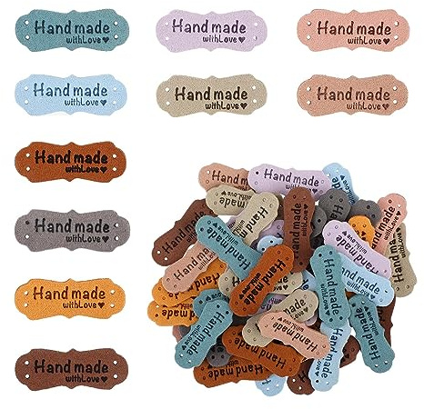 Teaaha 50 Stück label nähen handmade label leder PU handmade label zum annähen aus Wildleder Verschönerung Stricken mit Handmade Liebe Geprägte Tag für DIY Jeans Hut(10 Farben)