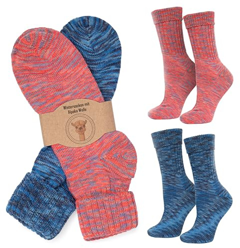 MOUNTREX® Calcetines de alpaca, calcetines de lana para hombre y mujer, calcetines de invierno, calcetines cálidos, calcetines térmicos, finos, calcetines de peluche, 2 pares, rosa/azul, 35-38