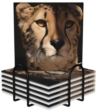 Getränkeuntersetzer mit Halter, weißer Panther, bedruckt, saugfähig, hitzebeständig, Keramik, Steinuntersetzer mit Korkboden, Tischschutzmatte für Tassen, Tassen, Büro, Küche