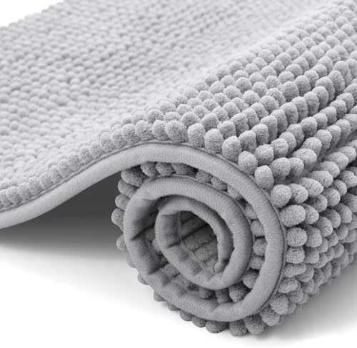 OLANLY Chenille badrumsmatta halkfri badrumsmatta mjuk badmatta absorberande badrumsmatta tvättbar duschmatta för badrum, 50 x 80 cm, ljusgrå
